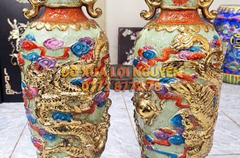 Cặp bình gốm tàu vip, mạ vàng thật, rồng đắp nổi
