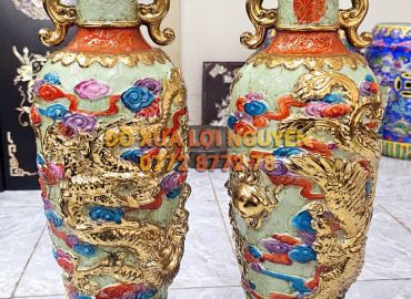 Cặp bình gốm tàu vip, mạ vàng thật, rồng đắp nổi