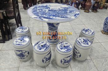 Bộ bàn gốm Tàu men lam, vẽ bát tiên tuyệt đẹp