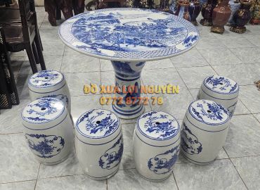 Bộ bàn gốm Tàu men lam, vẽ bát tiên tuyệt đẹp