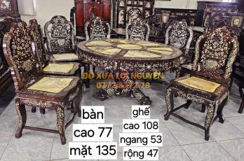 Bộ bàn ăn xưa 9 món, gỗ gõ mật, xoay 360 độ
