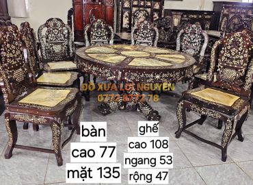 Bộ bàn ăn xưa 9 món, gỗ gõ mật, xoay 360 độ