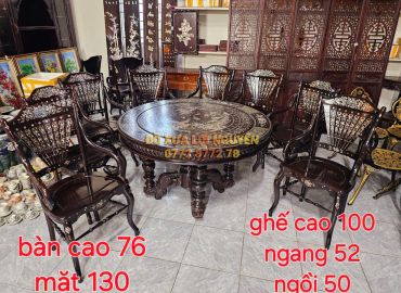 Bộ bàn ăn 8 món, ghế quạt cẩn 2 mặt, gỗ gõ