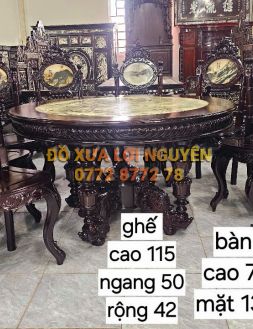 Bàn ăn 9 món gỗ gõ mật, mặt đá tàu