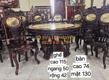Bàn ăn 9 món gỗ gõ mật, mặt đá tàu
