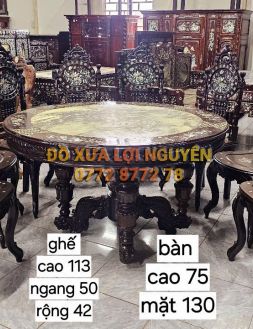 Bộ bàn ăn gỗ gõ mật, ghế Louis, cẩn ốc 9 món, mặt bàn đá tàu