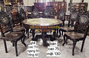 Bộ bàn ăn gỗ gõ mật, ghế Louis, cẩn ốc 9 món, mặt bàn đá tàu