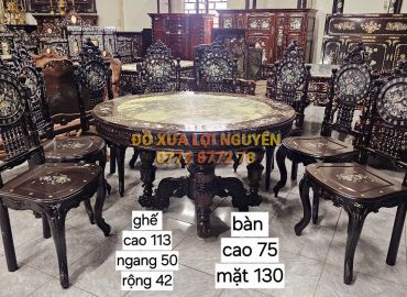 Bộ bàn ăn gỗ gõ mật, ghế Louis, cẩn ốc 9 món, mặt bàn đá tàu