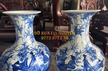 Cặp bình gốm Tàu men lam vip, vẽ tay sắc nét.