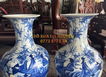 Cặp bình gốm Tàu men lam vip, vẽ tay sắc nét.