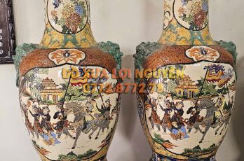 Cặp lộc bình cao to, tích vinh quy bái tổ, gốm biên hoà