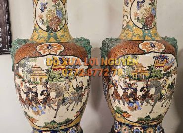 Cặp lộc bình cao to, tích vinh quy bái tổ, gốm biên hoà