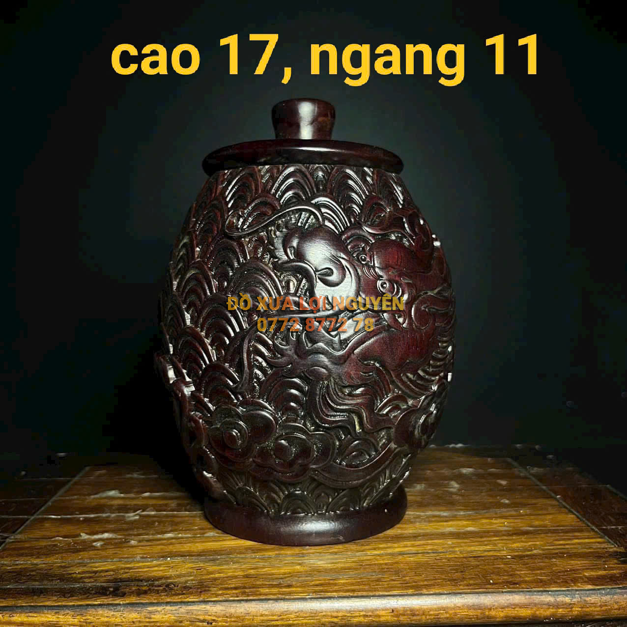 Lọ trà trạm rồng, gỗ trắc