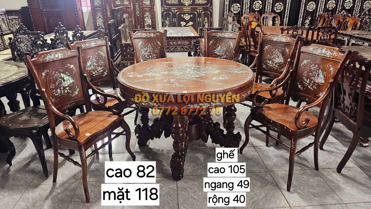 Bộ bàn tròn. 9 món, gỗ hương ta, mặt 1 tấm, dày 5 phân