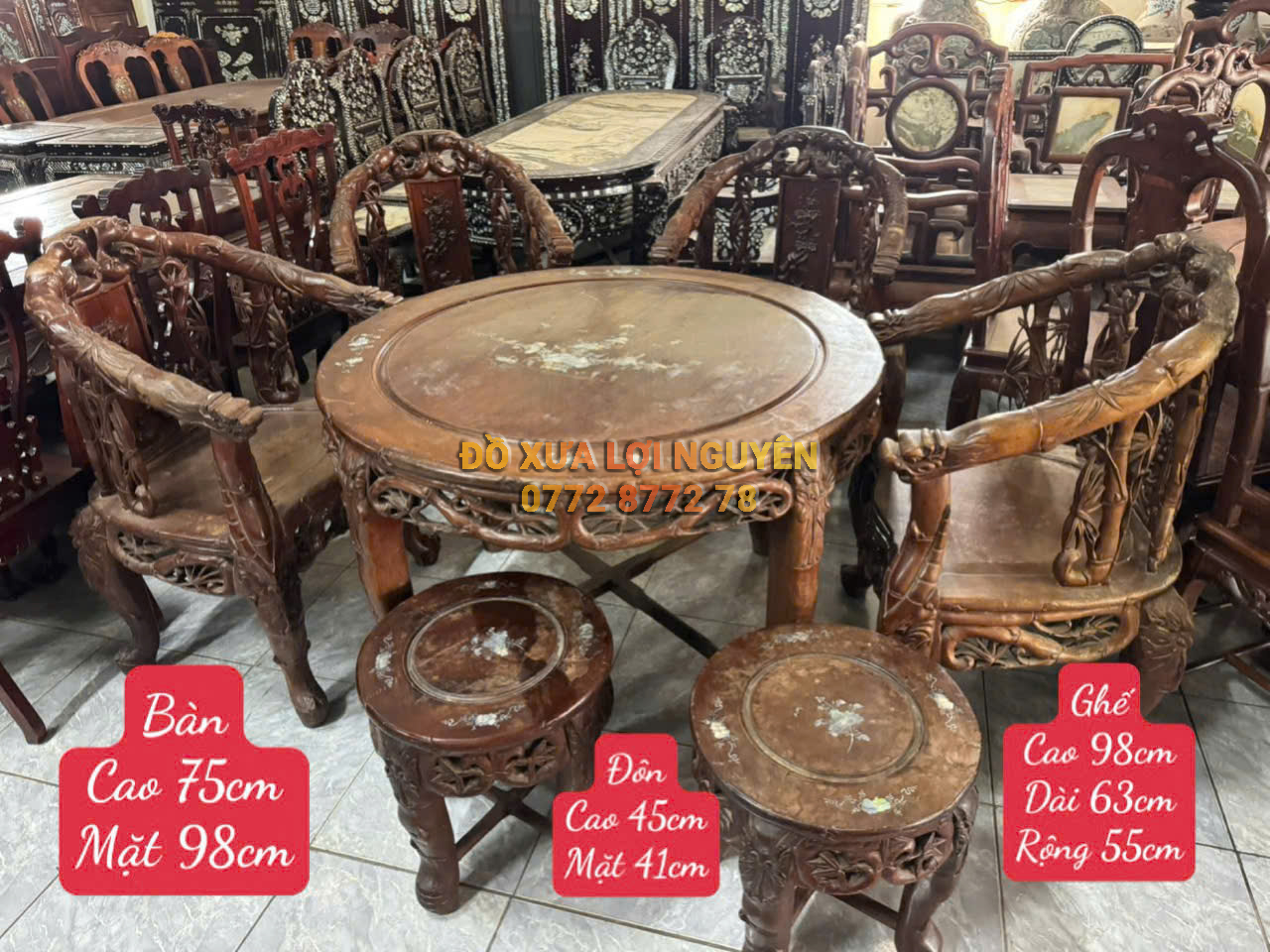 Bộ bàn gỗ gõ mật trạm đục rồng xưa đẹp