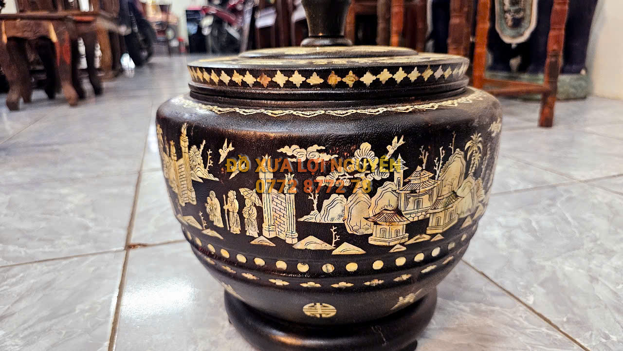 Hủ ủ trà, gỗ gõ mật nguyên khối, ốc ngã vàng chanh