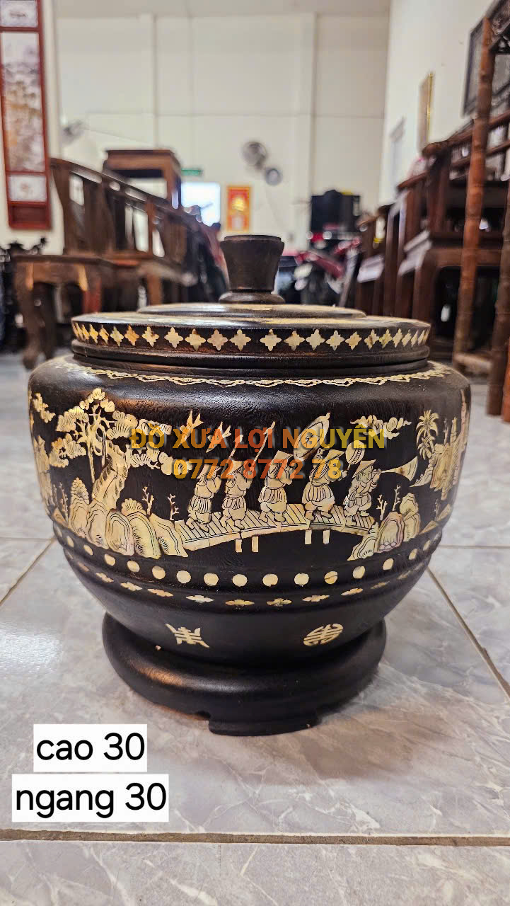 Hủ ủ trà, gỗ gõ mật nguyên khối, ốc ngã vàng chanh