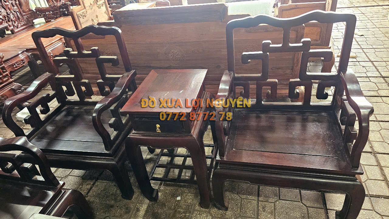 Bộ bàn 8 món, dáng mỏ neo, gỗ cẩm lai xưa, gỗ dày đẹp