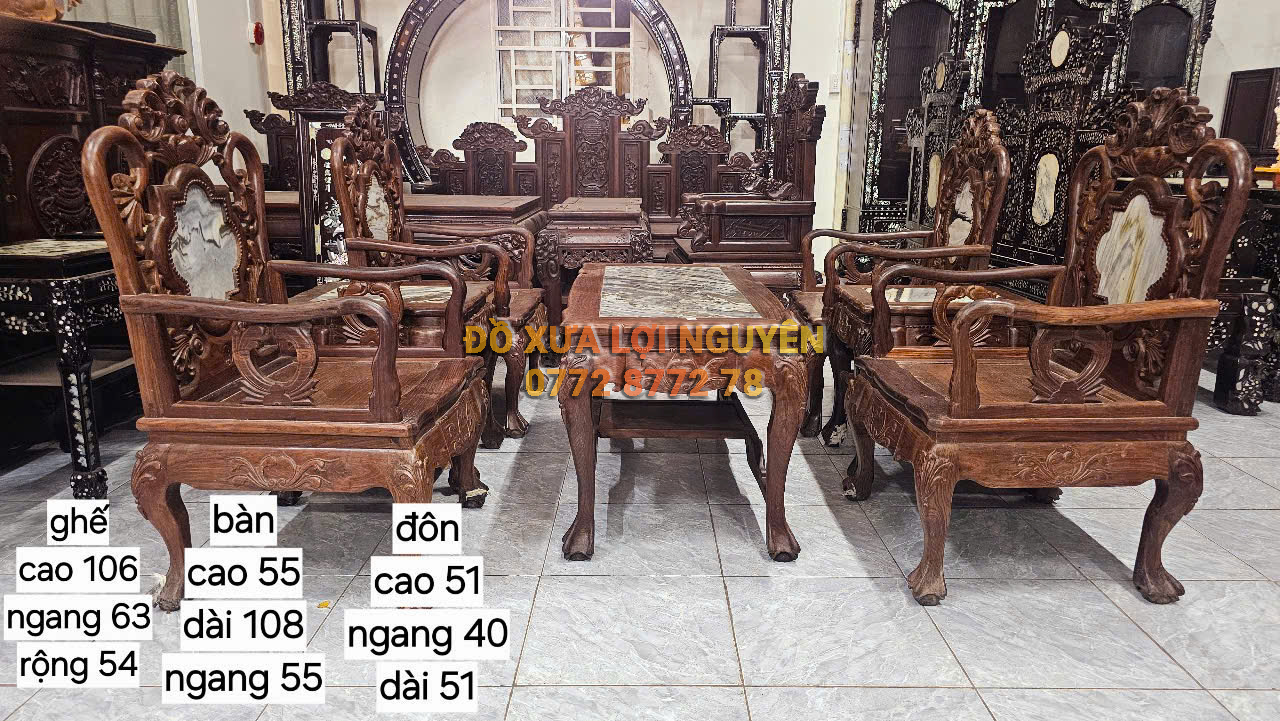 Bộ bàn hoa lá tây, gỗ trắc ta xưa đục trạm sắc nét