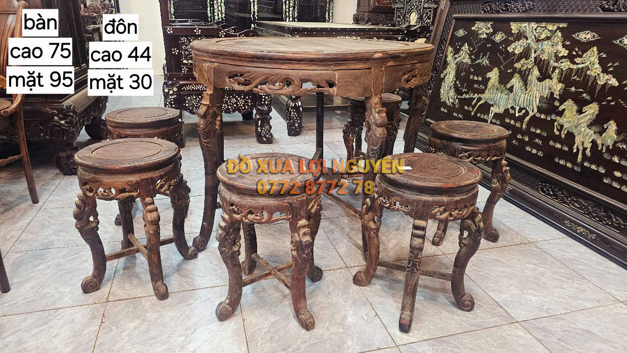 Bộ bàn trà gỗ trắc ta 7 món, đục rồng chuẩn xưa