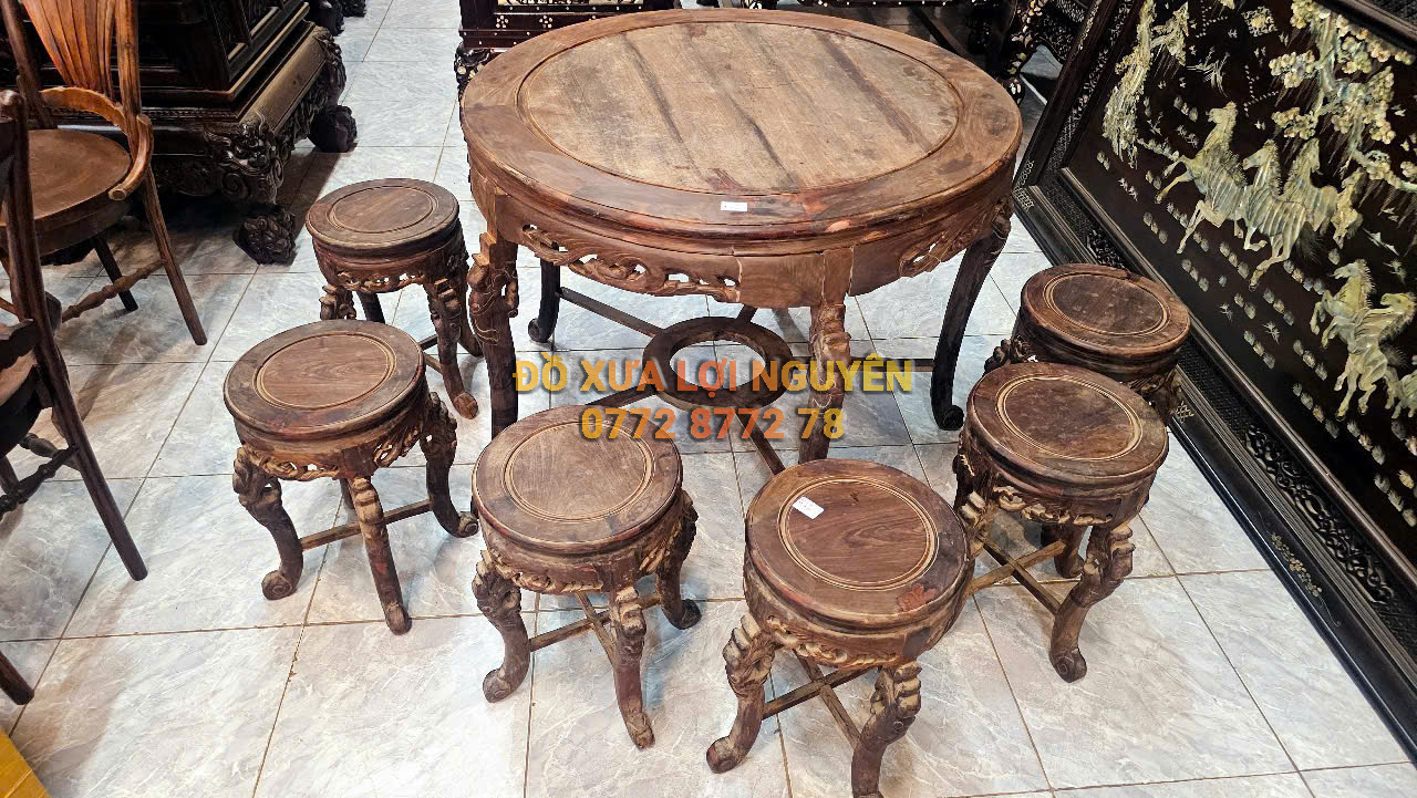 Bộ bàn trà gỗ trắc ta 7 món, đục rồng chuẩn xưa