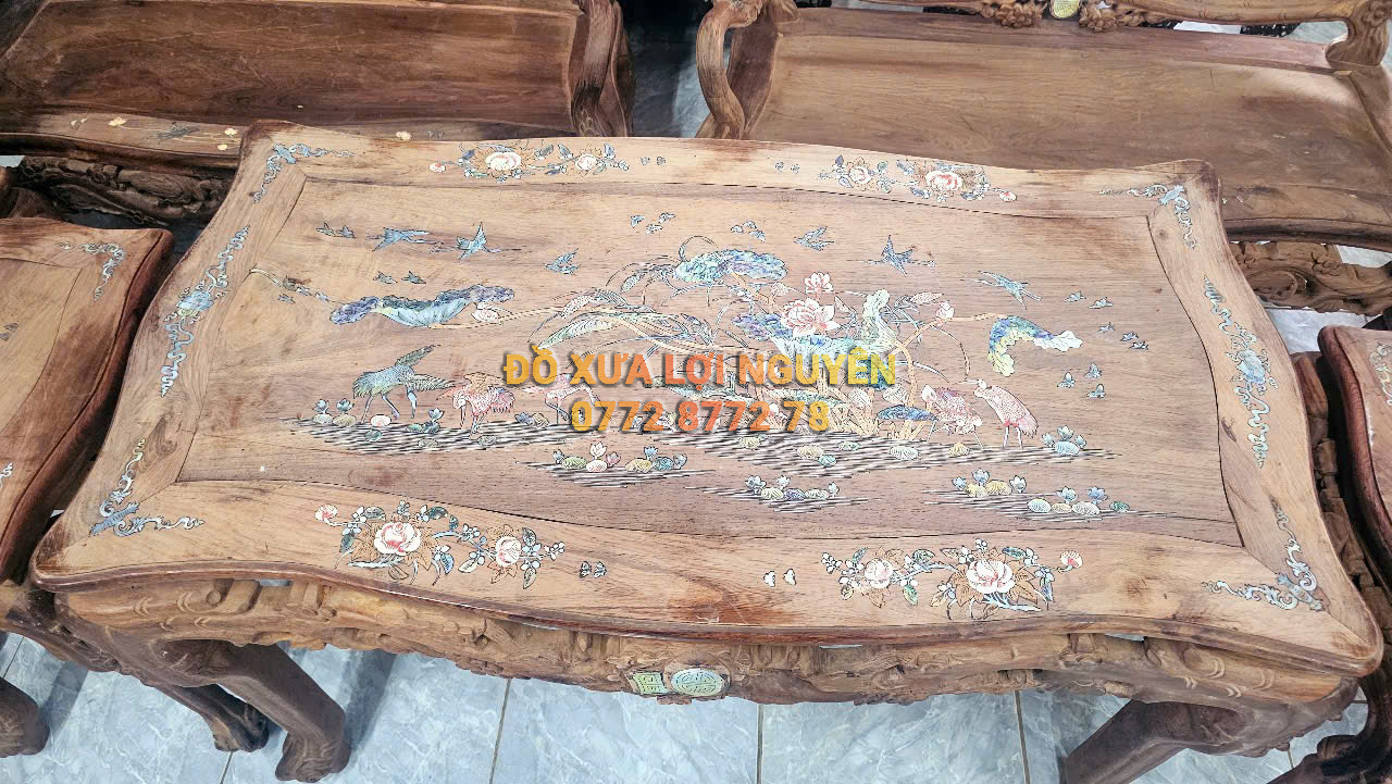 Bộ bàn Louis hoàng gia 9 món, gỗ cẩm lai, cẩn ngà