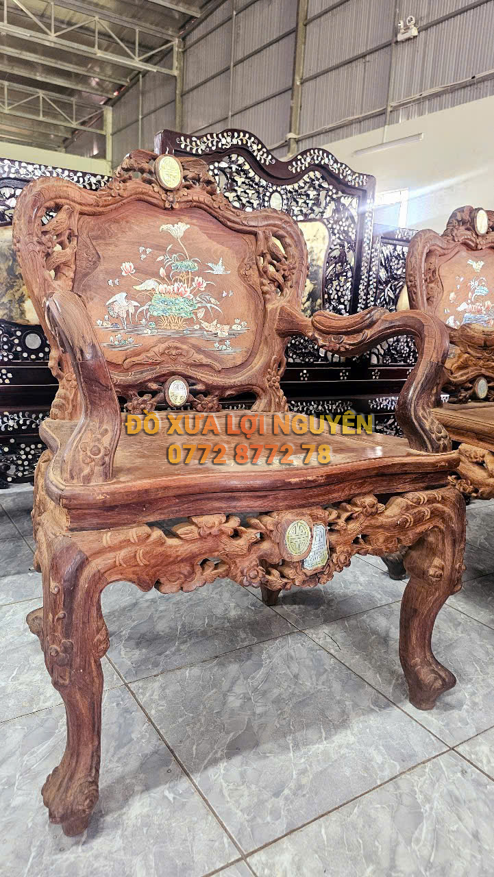 Bộ bàn Louis hoàng gia 9 món, gỗ cẩm lai, cẩn ngà