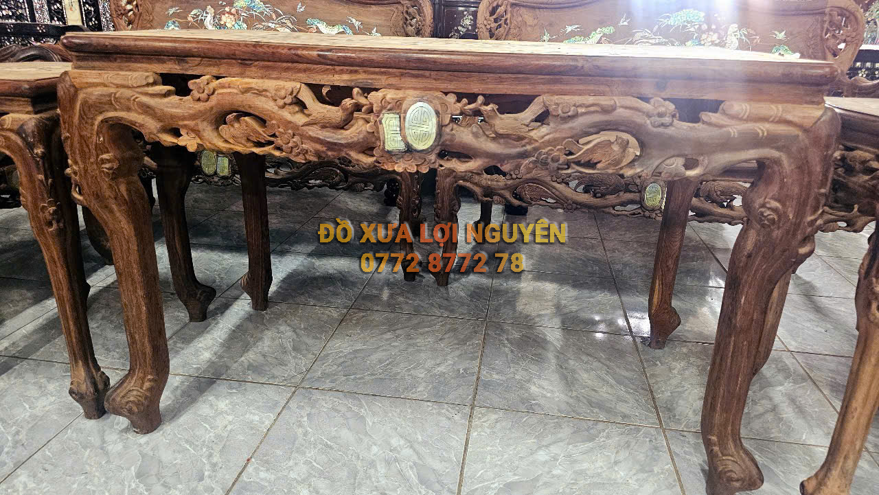 Bộ bàn Louis hoàng gia 9 món, gỗ cẩm lai, cẩn ngà