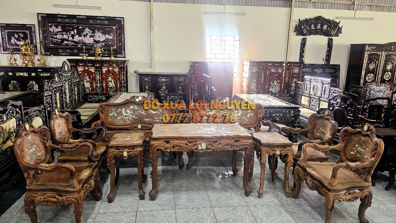 Bộ bàn Louis hoàng gia 9 món, gỗ cẩm lai, cẩn ngà