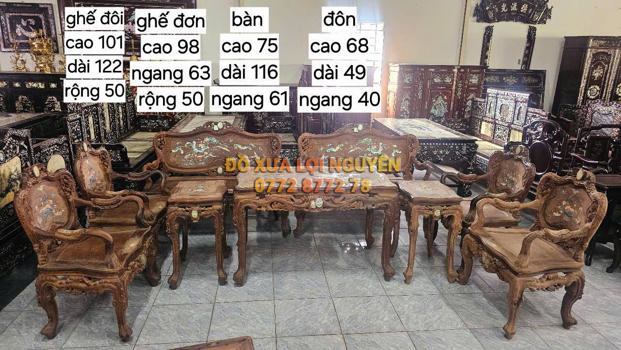 Bộ bàn Louis hoàng gia 9 món, gỗ cẩm lai, cẩn ngà