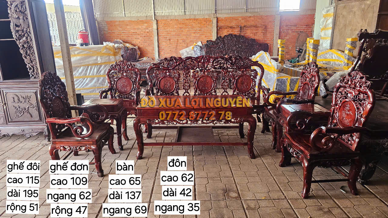 Bộ bàn gỗ cẩm lai ta 8 món. Đục trúc sắc nét