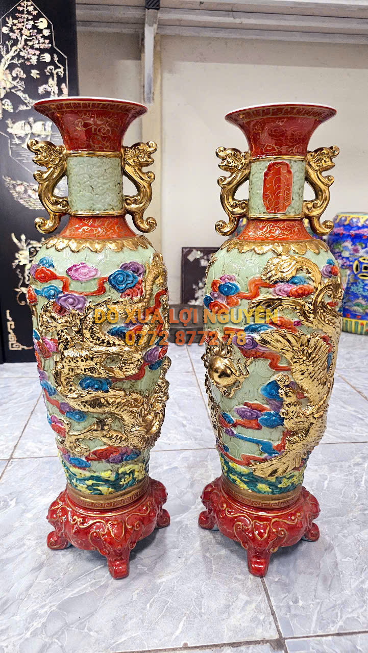 Cặp bình gốm tàu vip, mạ vàng thật, rồng đắp nổi