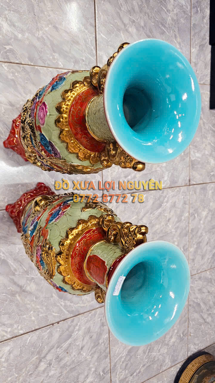 Cặp bình gốm tàu vip, mạ vàng thật, rồng đắp nổi