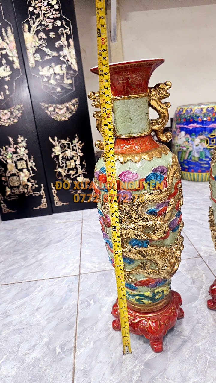 Cặp bình gốm tàu vip, mạ vàng thật, rồng đắp nổi