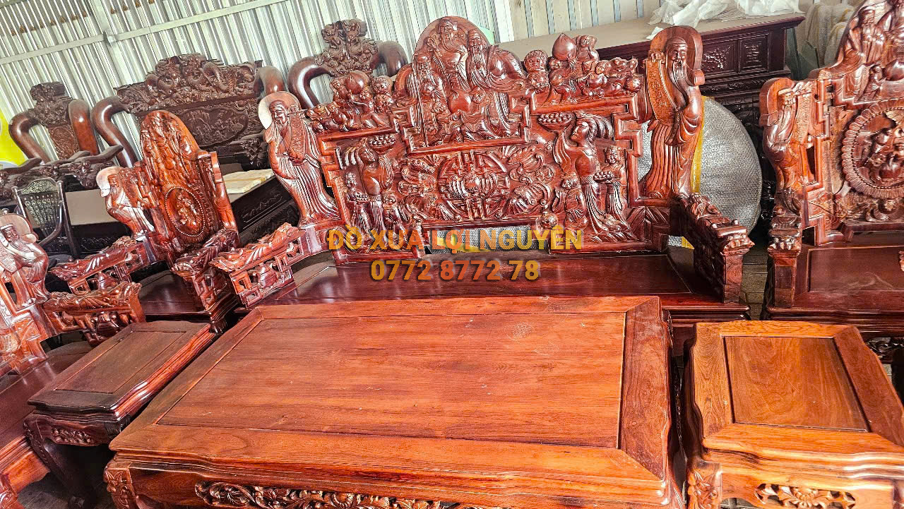 Siêu phẩm để đời, bộ bàn cẩm lai 10 món, đục tích Phúc Lộc Thọ