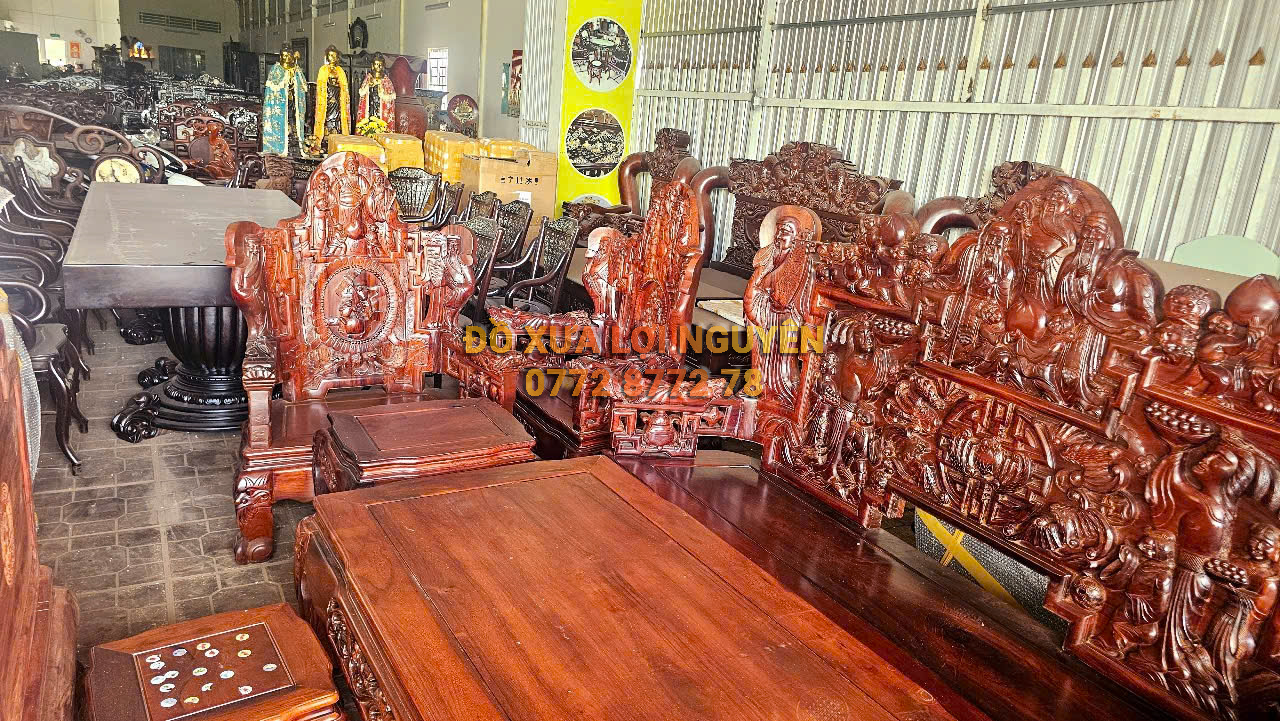 Siêu phẩm để đời, bộ bàn cẩm lai 10 món, đục tích Phúc Lộc Thọ