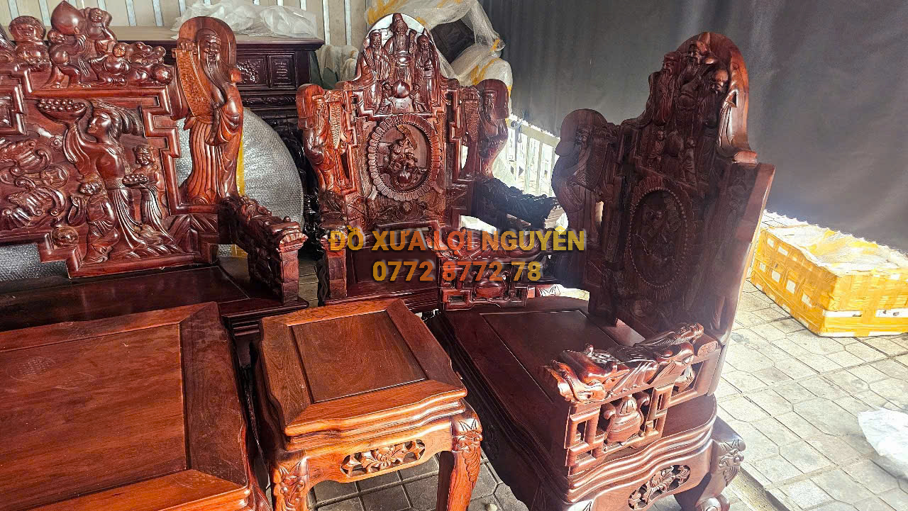 Siêu phẩm để đời, bộ bàn cẩm lai 10 món, đục tích Phúc Lộc Thọ