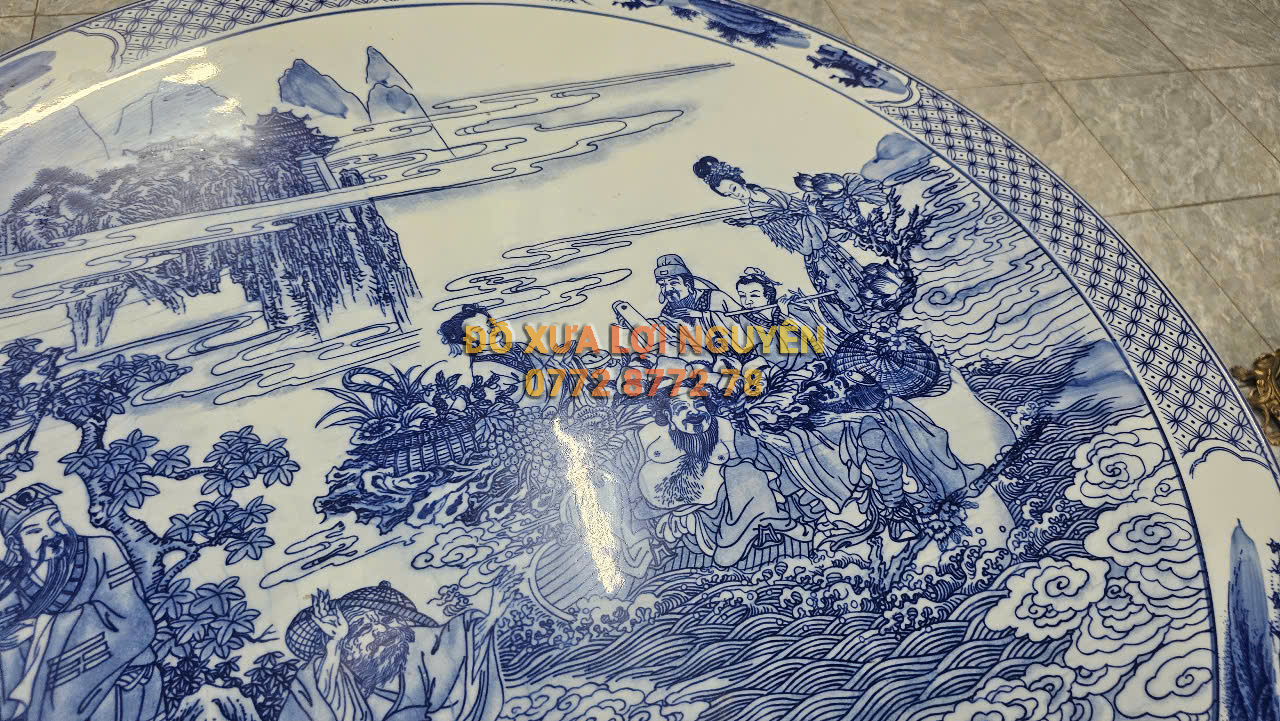 Bộ bàn gốm Tàu men lam, vẽ bát tiên tuyệt đẹp