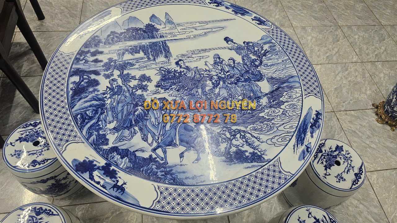 Bộ bàn gốm Tàu men lam, vẽ bát tiên tuyệt đẹp