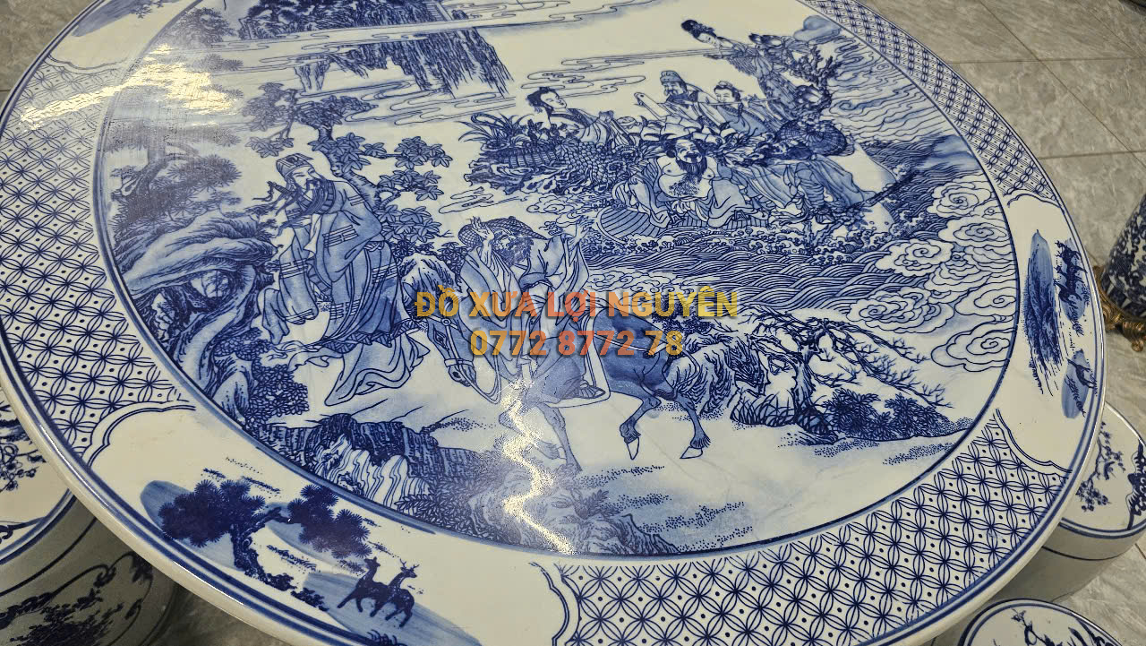 Bộ bàn gốm Tàu men lam, vẽ bát tiên tuyệt đẹp