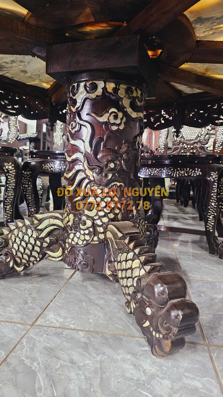 Bộ bàn ăn xưa 9 món, gỗ gõ mật, xoay 360 độ