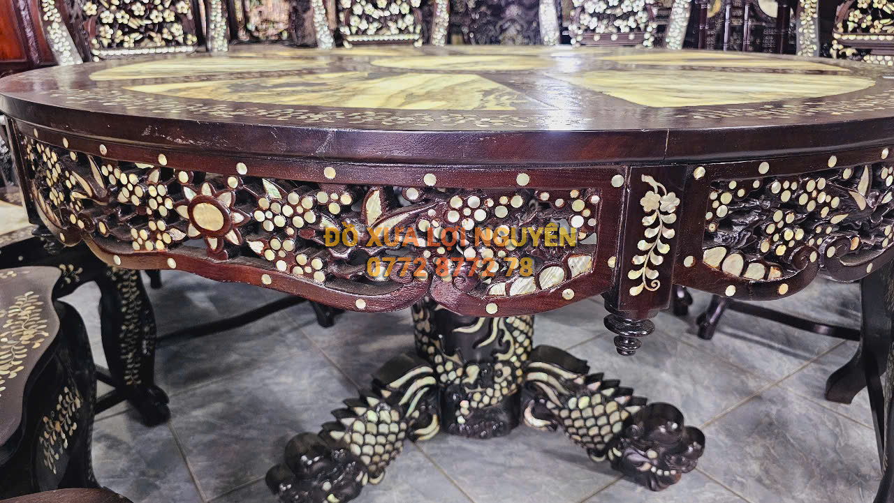 Bộ bàn ăn xưa 9 món, gỗ gõ mật, xoay 360 độ