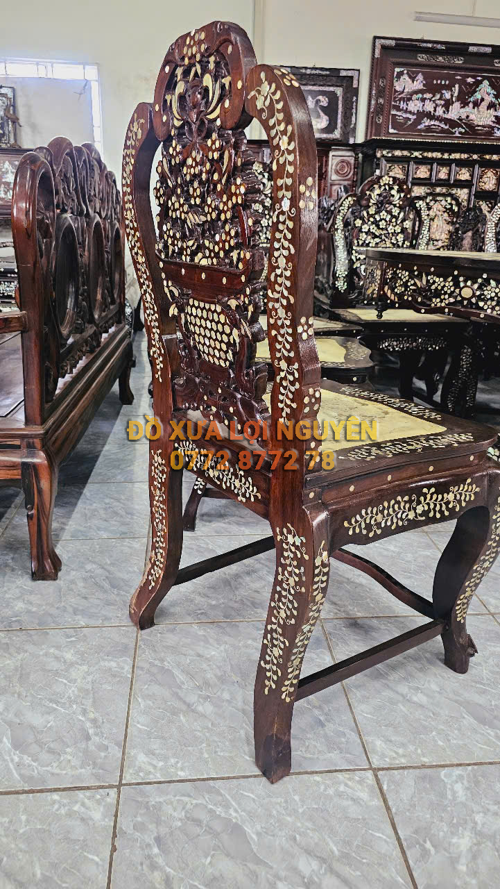 Bộ bàn ăn xưa 9 món, gỗ gõ mật, xoay 360 độ