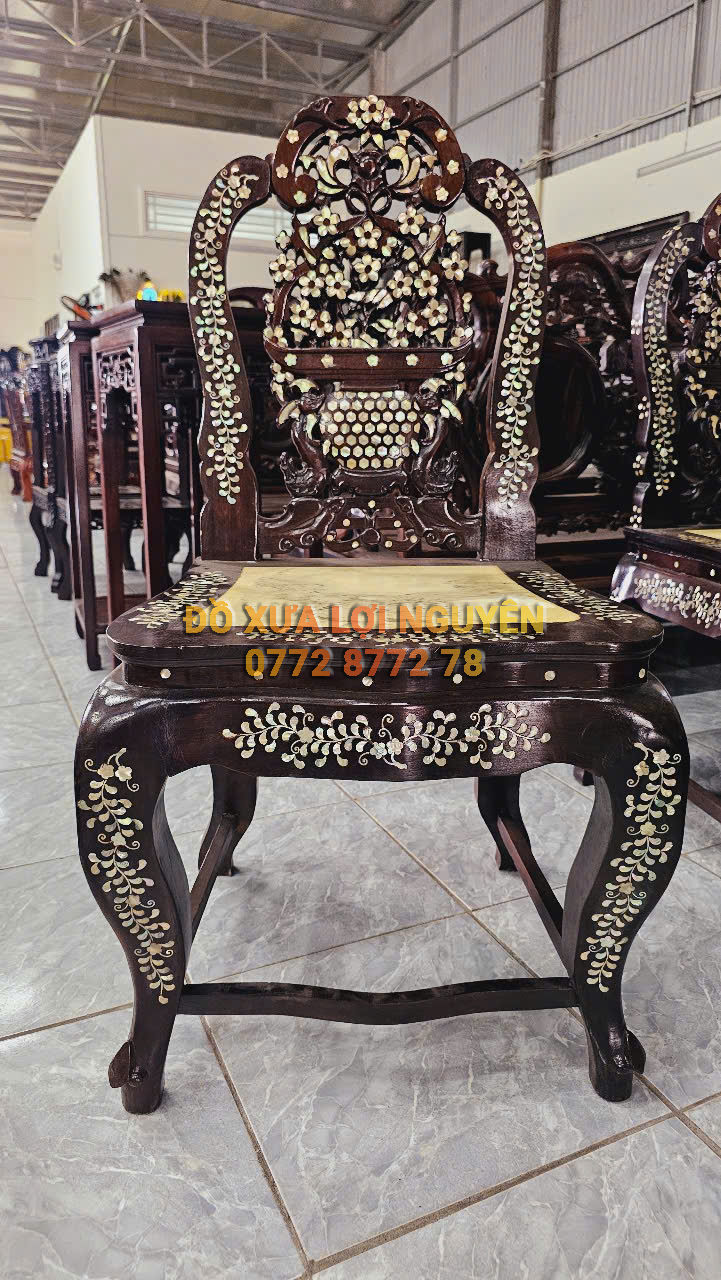 Bộ bàn ăn xưa 9 món, gỗ gõ mật, xoay 360 độ