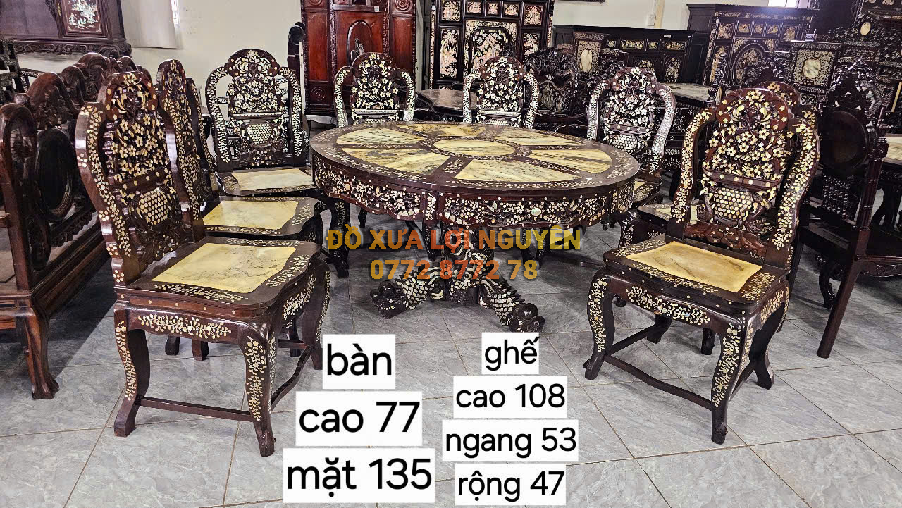 Bộ bàn ăn xưa 9 món, gỗ gõ mật, xoay 360 độ