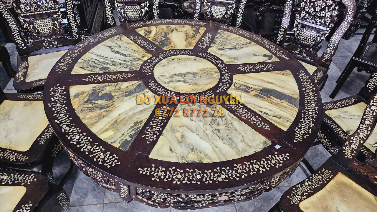 Bộ bàn ăn xưa 9 món, gỗ gõ mật, xoay 360 độ