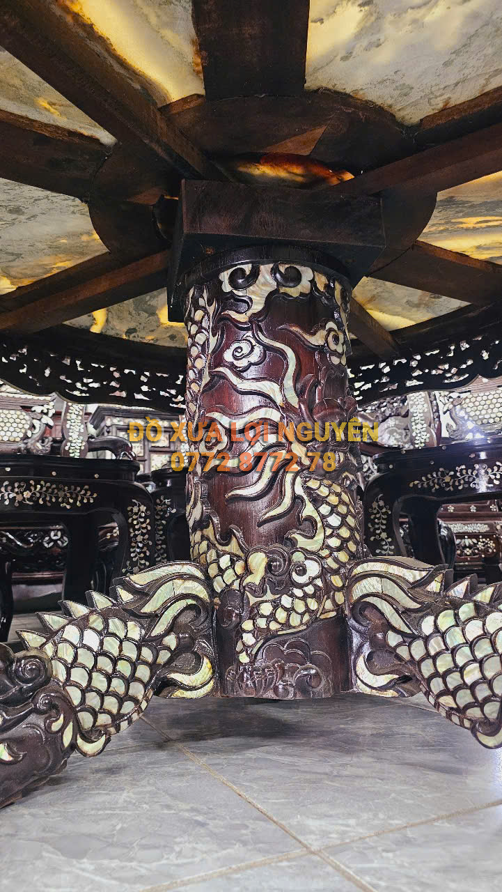 Bộ bàn ăn xưa 9 món, gỗ gõ mật, xoay 360 độ