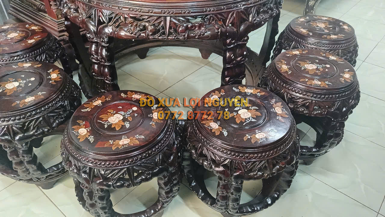 Bộ bàn trống, gỗ trắc, 7 món, cẩn ốc đẹp tuyệt