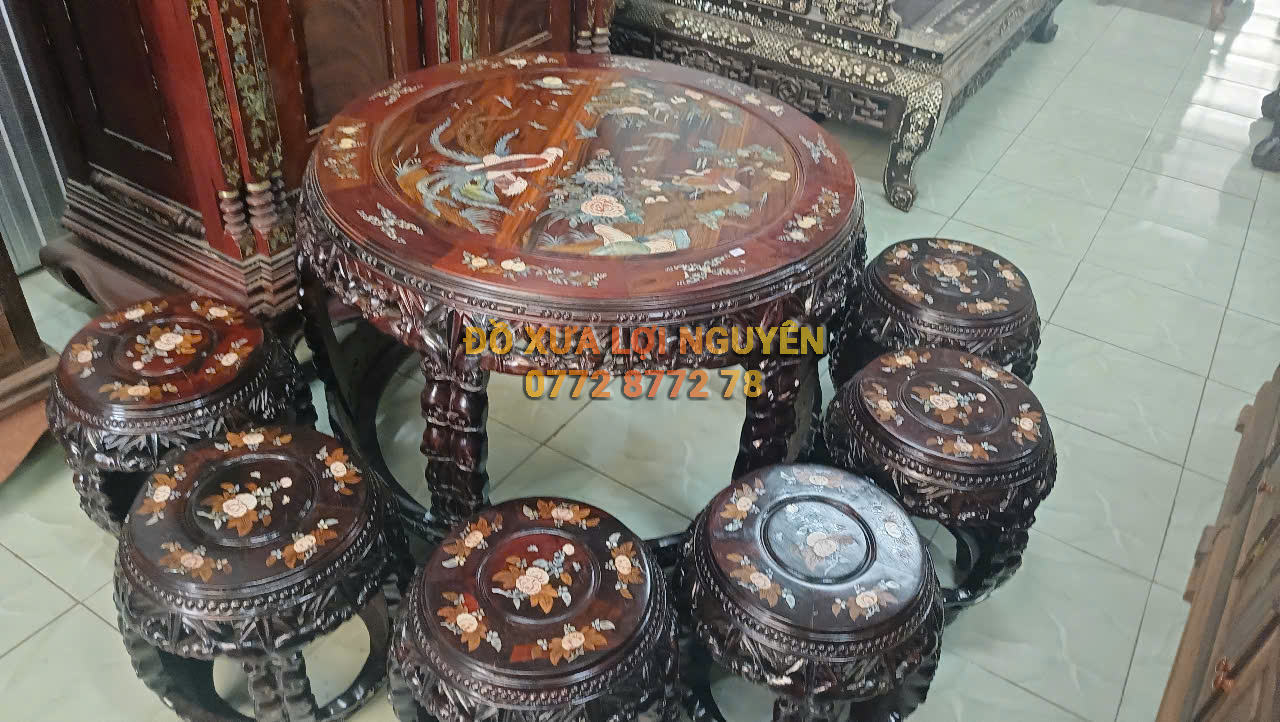 Bộ bàn trống, gỗ trắc, 7 món, cẩn ốc đẹp tuyệt