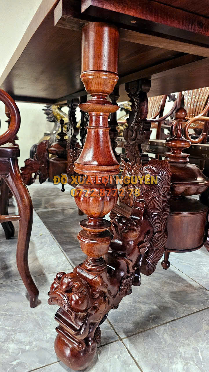 Bộ bàn ăn gỗ hương 9 món, mặt dày 5 cm